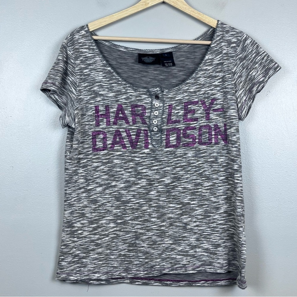 Harley Davidson Women's 100% Cotton Heathered Gray Henley Top Size L; Biker